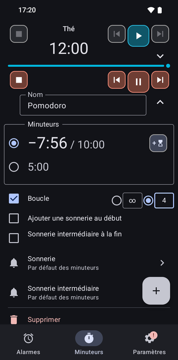 La séquence Thé dépliée dans l’onglet Minuteurs de Risetime : son nom, son minuteur unique à 12:00 avec un bouton pour en ajouter un, les interrupteurs Mettre en boucle, Ajouter une sonnerie au début et Sonnerie intermédiaire à la fin, tous éteints, la ligne Sonnerie sur Par défaut des minuteurs, la ligne Sonnerie intermédiaire sur Inutilisée : un seul minuteur, pas de boucle, pas de sonnerie au début, et Supprimer. Dessous, la ligne Pomodoro repliée, en marche à 1:42 sur 10:00.