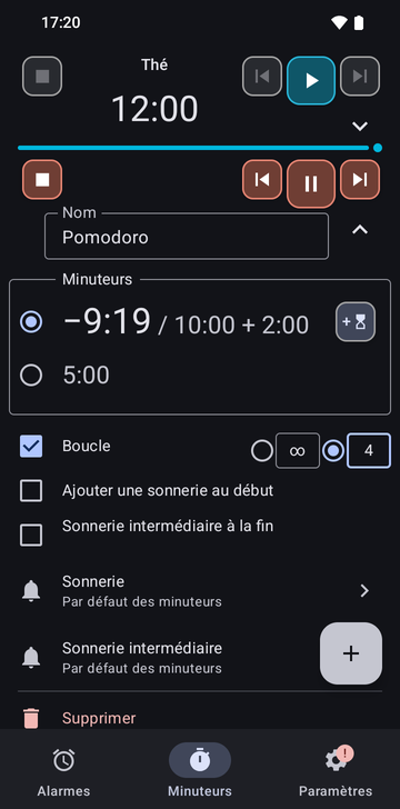 L’onglet Minuteurs avec le minuteur Thé déplié, et dessous la séquence Pomodoro en marche à 2:04 sur 10:00, avec 1 minute ajoutée. La ligne en marche porte les boutons arrêter, minuteur précédent, interrompre et minuteur suivant, et un bouton pour ajouter 1 minute ; Ajouter un minuteur figure dessous, au-dessus des onglets Alarmes, Minuteurs et Paramètres.