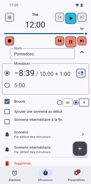 L’onglet Minuteurs avec le minuteur Thé déplié, et dessous la séquence Pomodoro en marche à 2:04 sur 10:00, avec 1 minute ajoutée. La ligne en marche porte les boutons arrêter, minuteur précédent, interrompre et minuteur suivant, et un bouton pour ajouter 1 minute ; Ajouter un minuteur figure dessous, au-dessus des onglets Alarmes, Minuteurs et Paramètres.
