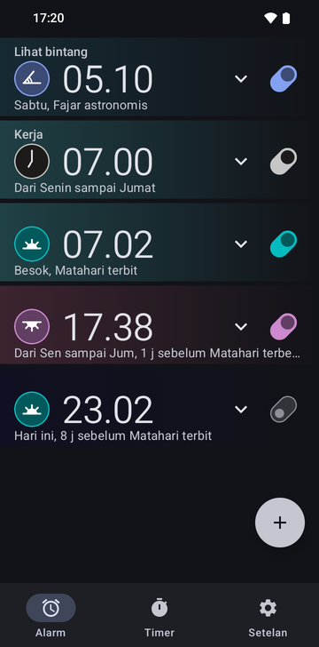 Daftar alarm Risetime dengan lima alarm: Stargazing 05:10, Saturday, Astronomical dawn; Work 07:00, Monday–Friday; 07:02, Tomorrow, Sunrise; 17:38, Monday–Friday, 1 hr before Sunset; dan 23:02, Today, 8 hr before Sunrise, dimatikan. Tab Alarms, Timers, dan Settings berjajar di bagian bawah.