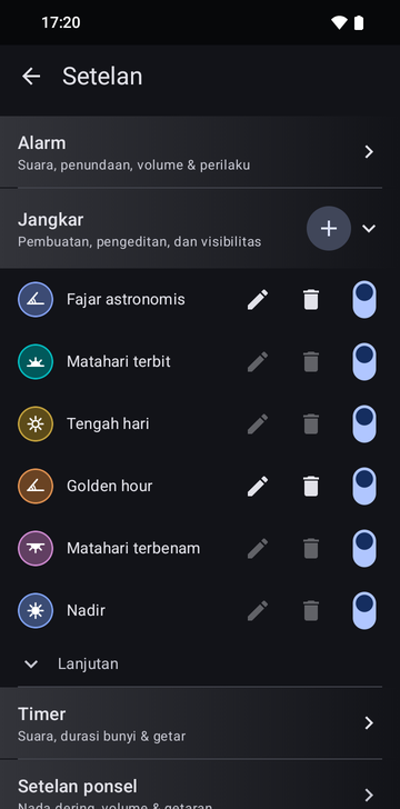 Setelan, bagian Anchors terbuka: enam jangkar, Astronomical dawn, Sunrise, Noon, Golden hour, Sunset dan Nadir, dengan tombol plus. Hanya dua jangkar buatan sendiri, Astronomical dawn dan Golden hour, yang tombol ubah dan hapusnya aktif. Setiap baris punya sakelar tampilan, semuanya aktif. Advanced ada di bawah, terlipat.