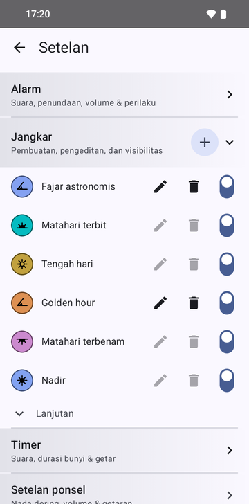 Setelan, bagian Anchors terbuka: enam jangkar, Astronomical dawn, Sunrise, Noon, Golden hour, Sunset dan Nadir, dengan tombol plus. Hanya dua jangkar buatan sendiri, Astronomical dawn dan Golden hour, yang tombol ubah dan hapusnya aktif. Setiap baris punya sakelar tampilan, semuanya aktif. Advanced ada di bawah, terlipat.
