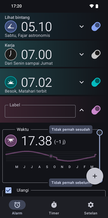 Kartu alarm 17:38 terbuka di daftar alarm, di bawah Stargazing, Work dan alarm Sunrise 07:02: kolom Label kosong, bagian Time bertuliskan 17:38 (−1 hr) dengan kurva waktu alarm sepanjang tahun, gagang batas Never after dan Never before, dan kotak Repeat yang dicentang di bawahnya.