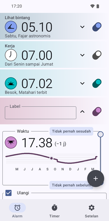 Kartu alarm 17:38 terbuka di daftar alarm, di bawah Stargazing, Work dan alarm Sunrise 07:02: kolom Label kosong, bagian Time bertuliskan 17:38 (−1 hr) dengan kurva waktu alarm sepanjang tahun, gagang batas Never after dan Never before, dan kotak Repeat yang dicentang di bawahnya.
