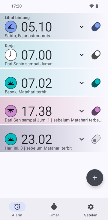Daftar alarm Risetime dengan lima alarm: Stargazing 05:10, Saturday, Astronomical dawn; Work 07:00, Monday–Friday; 07:02, Tomorrow, Sunrise; 17:38, Monday–Friday, 1 hr before Sunset; dan 23:02, Today, 8 hr before Sunrise, dimatikan. Tab Alarms, Timers dan Settings berjajar di bagian bawah.
