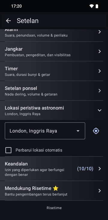 Setelan Risetime dengan bagian Celestial events location terbuka: London, United Kingdom di daftar tarik-turun, tombol lokasi di sampingnya, dan kotak Auto-update location yang tidak dicentang. Baris Reliability di bawahnya bertuliskan (10/10).