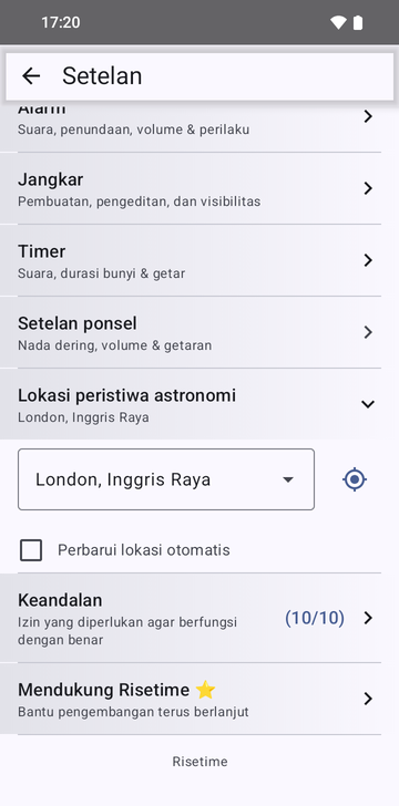 Setelan Risetime dengan bagian Celestial events location terbuka: London, United Kingdom di daftar tarik-turun, tombol lokasi di sampingnya, dan kotak Auto-update location yang tidak dicentang. Baris Reliability di bawahnya bertuliskan (10/10).