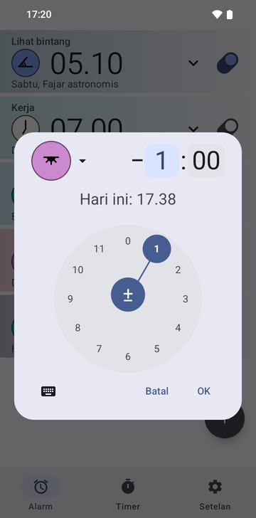 Dialog alarm baru pada jangkar Sunset dengan selisih minus 1 jam dan 00 menit, dial jam di angka 1, dan baris Today: 17:38.