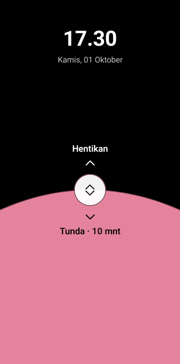 Layar penghenti alarm Risetime untuk alarm yang berbunyi: 17:30, Thursday, October 1, label Stop di atas pegangan penggeser bulat dan Snooze · 10 min di bawahnya, di atas latar hitam dengan lengkung merah muda di bagian bawah.