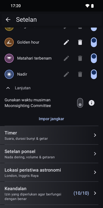 Setelan Risetime, bagian Anchors, dengan Advanced terbuka: sakelar Use Moonsighting Committee seasonal moments dan, di bawahnya, tombol Import anchors, di atas baris Timers.