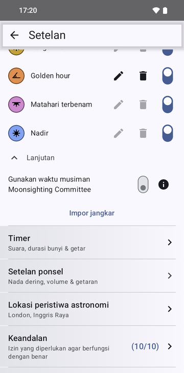 Setelan Risetime, bagian Anchors, dengan Advanced terbuka: sakelar Use Moonsighting Committee seasonal moments dan, di bawahnya, tombol Import anchors, di atas baris Timers.
