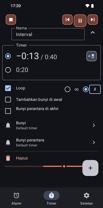 Urutan Intervals terbuka di tab Timers Risetime saat berjalan: dua timer, −0:15 / 0:40 terpilih dan 0:20, Loop dicentang dengan 8 putaran dipilih, serta Add a ring at the start dan Intermediate ring at the end tidak dicentang.