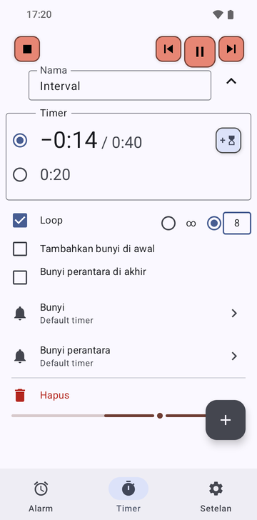 Urutan Intervals terbuka di tab Timers Risetime saat berjalan: dua timer, −0:15 / 0:40 terpilih dan 0:20, Loop dicentang dengan 8 putaran dipilih, serta Add a ring at the start dan Intermediate ring at the end tidak dicentang.