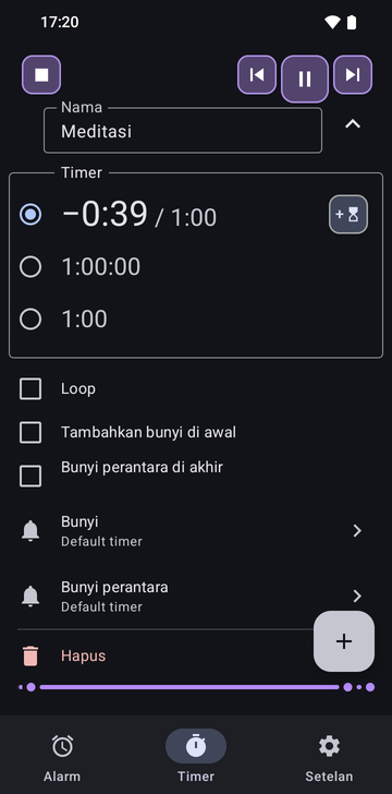 Urutan Meditation terbuka di tab Timers Risetime: tiga timer, −0:40 / 1:00 terpilih, 1:00:00, dan 1:00, dengan Loop, Add a ring at the start, dan Intermediate ring at the end semuanya tidak dicentang, serta baris Ring dan Intermediate ring pada Timer settings default.