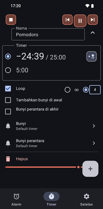 Urutan Pomodoro terbuka di tab Timers Risetime saat berjalan: dua timer, −24:40 / 25:00 terpilih dan 5:00, Loop dicentang dengan 4 putaran dipilih, Add a ring at the start dan Intermediate ring at the end tidak dicentang, baris Ring dan Intermediate ring pada Timer settings default, dan baris Delete.