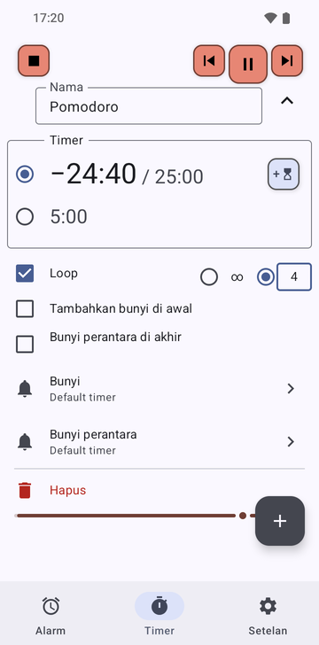 Urutan Pomodoro terbuka di tab Timers Risetime saat berjalan: dua timer, −24:40 / 25:00 terpilih dan 5:00, Loop dicentang dengan 4 putaran dipilih, Add a ring at the start dan Intermediate ring at the end tidak dicentang, baris Ring dan Intermediate ring pada Timer settings default, dan baris Delete.