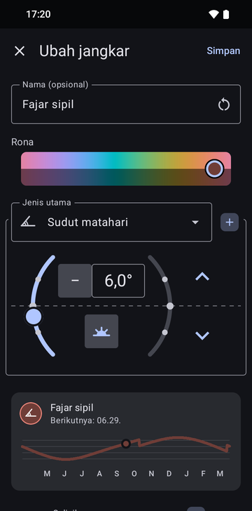Layar Edit anchor pada A solar angle, bernama Civil dawn, dengan sudut disetel ke 6.0° di sisi pagi dan kartu pratinjau bertuliskan Next: 06:29, di atas kurva waktu sepanjang tahun.