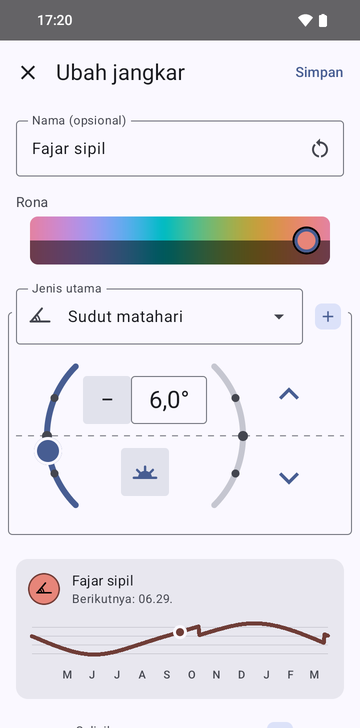 Layar Edit anchor pada A solar angle, bernama Civil dawn, dengan sudut disetel ke 6.0° di sisi pagi dan kartu pratinjau bertuliskan Next: 06:29, di atas kurva waktu sepanjang tahun.
