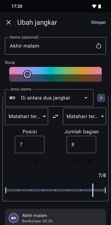 Layar Edit anchor pada Between two anchors, bernama Last part of the night: dari Sunset ke Sunrise, Position 7 dan Number of parts 8, tampil sebagai 7/8 pada penggeser, dengan pratinjau bertuliskan Next: 05:29.