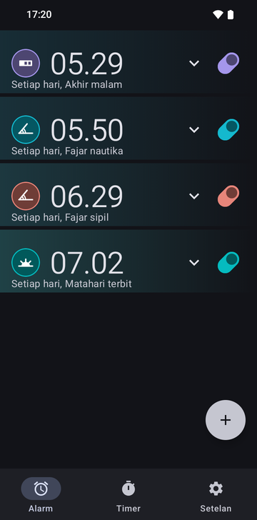 Daftar alarm Risetime dengan empat alarm, masing-masing berulang setiap hari: 05:29 pada Last part of the night, 05:50 pada Nautical dawn, 06:29 pada Civil dawn, dan 07:02 pada Sunrise.