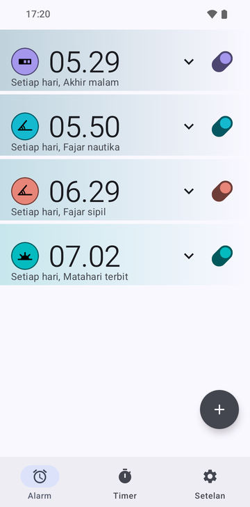 Daftar alarm Risetime dengan empat alarm, masing-masing berulang setiap hari: 05:29 pada Last part of the night, 05:50 pada Nautical dawn, 06:29 pada Civil dawn, dan 07:02 pada Sunrise.