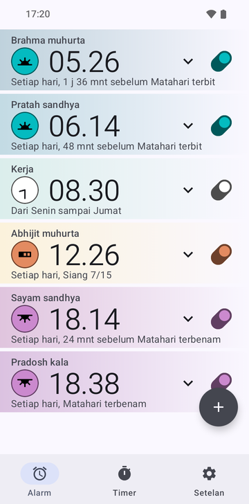 Daftar alarm Risetime dengan enam alarm: Brahma muhurta 05.26, Setiap hari, 1 j 36 mnt sebelum Matahari terbit; Pratah sandhya 06.14, Setiap hari, 48 mnt sebelum Matahari terbit; Kerja 08.30, Dari Senin sampai Jumat; Abhijit muhurta 12.26, Setiap hari, Siang 7/15; Sayam sandhya 18.14, Setiap hari, 24 mnt sebelum Matahari terbenam; dan Pradosh kala 18.38, Setiap hari, Matahari terbenam.