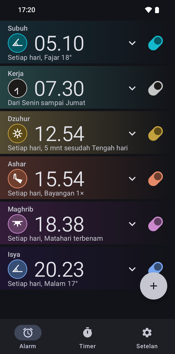 Daftar alarm Risetime dengan enam alarm: Subuh 05.10, Setiap hari, Fajar 18°; Kerja 07.30, Dari Senin sampai Jumat; Dzuhur 12.54, Setiap hari, 5 mnt sesudah Tengah hari; Ashar 15.54, Setiap hari, Bayangan 1×; Maghrib 18.38, Setiap hari, Matahari terbenam; dan Isya 20.23, Setiap hari, Malam 17°.