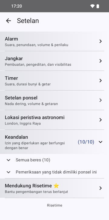 Layar setelan Risetime dengan baris Alarms, Anchors, Timers, Phone's settings, dan Celestial events location, diatur ke London, United Kingdom. Baris Reliability, bertanda (10/10), terbuka menjadi All good (10) dan Checks this phone doesn't have. Supporting Risetime ada di bawahnya, dan footer bertuliskan Risetime.