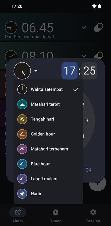 Dialog alarm baru yang disetel ke 17:25 dengan menu jangkarnya terbuka: Local time (bertanda), Sunrise, Noon, Golden hour, Sunset, Blue hour, Night sky, dan Nadir.