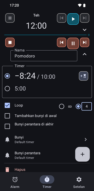 Urutan Pomodoro terbuka di tab Timers Risetime, di bawah timer Tea yang dilipat di 12:00: −8:25 / 10:00 terpilih dan 5:00, Loop dicentang dengan 4 putaran, Add a ring at the start dan Intermediate ring at the end tidak dicentang, baris Ring dan Intermediate ring pada Timer settings default, dan baris Delete.