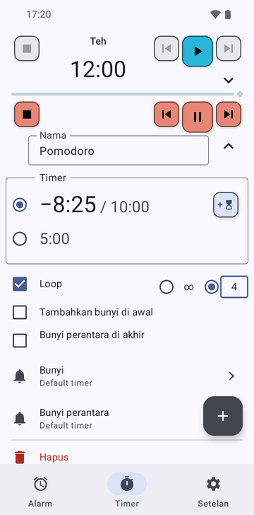 Urutan Pomodoro terbuka di tab Timers Risetime, di bawah timer Tea yang dilipat di 12:00: −8:25 / 10:00 terpilih dan 5:00, Loop dicentang dengan 4 putaran, Add a ring at the start dan Intermediate ring at the end tidak dicentang, baris Ring dan Intermediate ring pada Timer settings default, dan baris Delete.