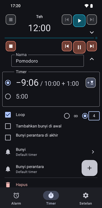 Urutan Pomodoro terbuka di tab Timers Risetime, di bawah timer Tea yang dilipat di 12:00: −9:06 / 10:00 + 1:00 terpilih (satu menit ditambahkan) dan 5:00, Loop dicentang dengan 4 putaran, kedua kotak centang bunyi tidak dicentang, dan baris Delete.