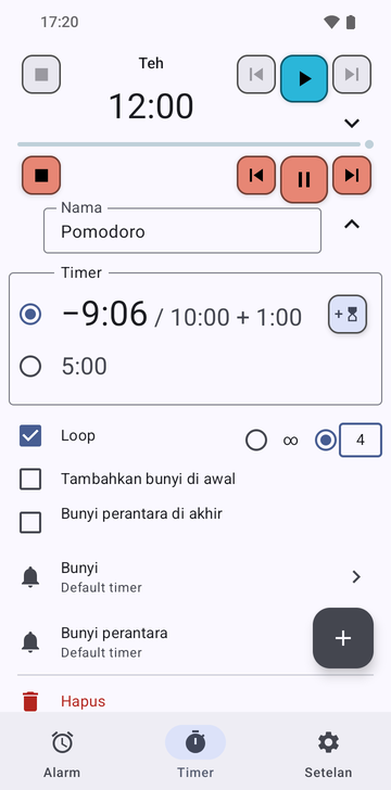 Urutan Pomodoro terbuka di tab Timers Risetime, di bawah timer Tea yang dilipat di 12:00: −9:06 / 10:00 + 1:00 terpilih (satu menit ditambahkan) dan 5:00, Loop dicentang dengan 4 putaran, kedua kotak centang bunyi tidak dicentang, dan baris Delete.