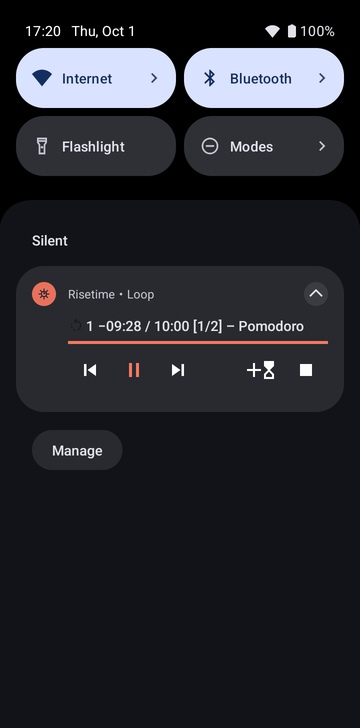 Panel notifikasi pada hari Kamis, 1 Okt pukul 17:20 dengan notifikasi Risetime senyap, Looping: [↺ 1] −09:28 / 10:00 [1/2] – Pomodoro, dengan tombol sebelumnya, jeda, berikutnya, tambah satu menit dan hentikan.