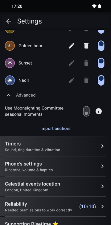 Risetime settings, Anchors section, with Advanced open: the Use Moonsighting Committee seasonal moments switch and, below it, the Import anchors button, above the Timers row.