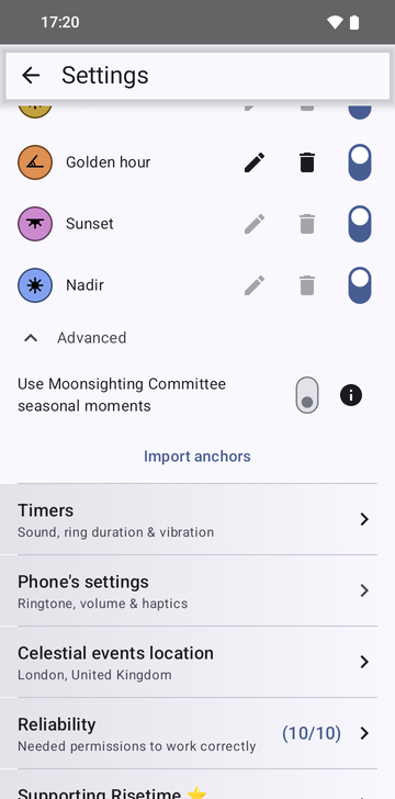 Risetime settings, Anchors section, with Advanced open: the Use Moonsighting Committee seasonal moments switch and, below it, the Import anchors button, above the Timers row.