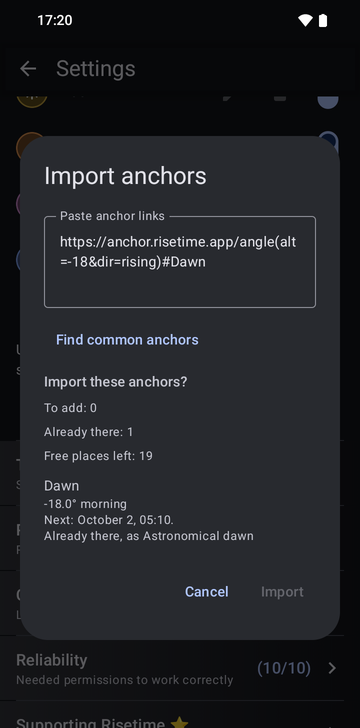 The Import anchors window with the link https://anchor.risetime.app/angle(alt=-18&dir=rising)#Dawn pasted in the Paste anchor links field, and the preview Import these anchors? reading To add: 0, Already there: 1, Free places left: 19, then Dawn, -18.0° morning, Next: October 2, 05:10, Already there, as Astronomical dawn. The Import button is greyed out.