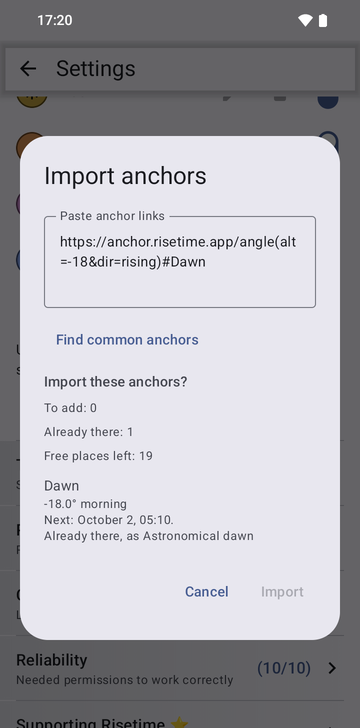 The Import anchors window with the link https://anchor.risetime.app/angle(alt=-18&dir=rising)#Dawn pasted in the Paste anchor links field, and the preview Import these anchors? reading To add: 0, Already there: 1, Free places left: 19, then Dawn, -18.0° morning, Next: October 2, 05:10, Already there, as Astronomical dawn. The Import button is greyed out.