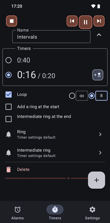 The Intervals sequence opened in Risetime's Timers tab: two timers, 0:40 and 0:20, Loop set to 8 rounds, and Add a ring at the start switched off.
