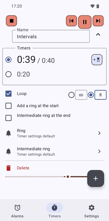 The Intervals sequence opened in Risetime's Timers tab: two timers, 0:40 and 0:20, Loop set to 8 rounds, and Add a ring at the start switched off.