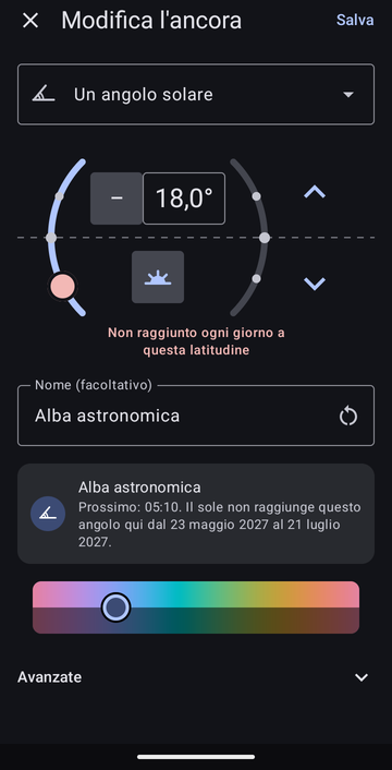 L’editor di ancora su Un angolo solare, impostato a −18,0° al mattino, chiamato Alba astronomica, con l’avviso rosso Non raggiunto ogni giorno a questa latitudine e l’anteprima Prossimo: 05:10. Il sole non raggiunge questo angolo qui dal 23 maggio 2027 al 21 luglio 2027.