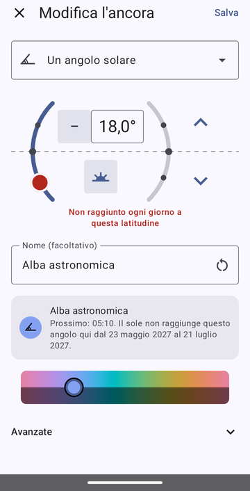 L’editor di ancora su Un angolo solare, impostato a −18,0° al mattino, chiamato Alba astronomica, con l’avviso rosso Non raggiunto ogni giorno a questa latitudine e l’anteprima Prossimo: 05:10. Il sole non raggiunge questo angolo qui dal 23 maggio 2027 al 21 luglio 2027.
