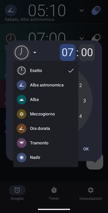 La finestra di creazione sveglia, il suo menu di ancore aperto: Esatto, Alba astronomica, Alba, Mezzogiorno, Ora dorata, Tramonto e Nadir.