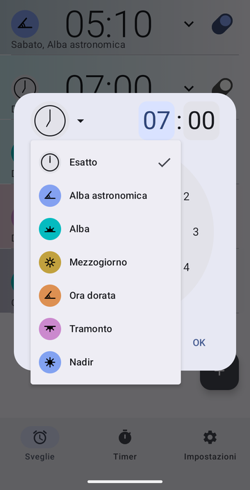 La finestra di creazione sveglia, il suo menu di ancore aperto: Esatto, Alba astronomica, Alba, Mezzogiorno, Ora dorata, Tramonto e Nadir.