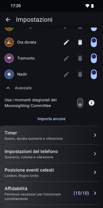 Le impostazioni di Risetime, sezione Ancore: in basso l’elenco delle ancore (Ora dorata, Tramonto, Nadir), poi Avanzate aperto con l’opzione Usa i momenti stagionali del Moonsighting Committee e il pulsante Importa ancore.