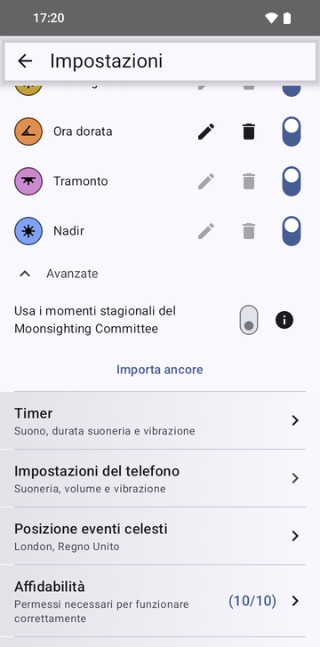 Le impostazioni di Risetime, sezione Ancore: in basso l’elenco delle ancore (Ora dorata, Tramonto, Nadir), poi Avanzate aperto con l’opzione Usa i momenti stagionali del Moonsighting Committee e il pulsante Importa ancore.
