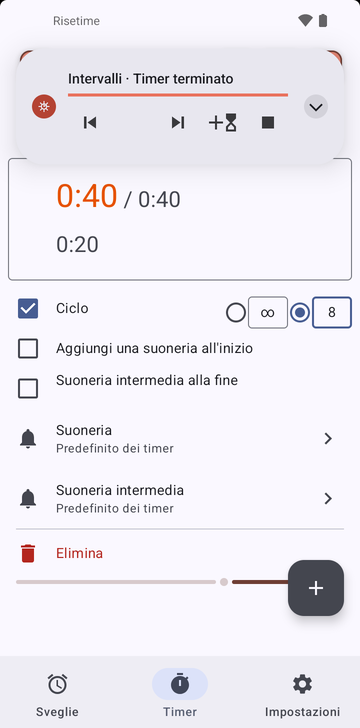 La sequenza Intervalli aperta nella scheda Timer di Risetime: i suoi due timer, 0:40 in corso a 0:32 e 0:20, Ciclo attivo su 8 giri (l’altra scelta è illimitato), Aggiungi una suoneria all’inizio e Suoneria intermedia alla fine spenti, e le righe Suoneria e Suoneria intermedia su Predefinito dei timer.