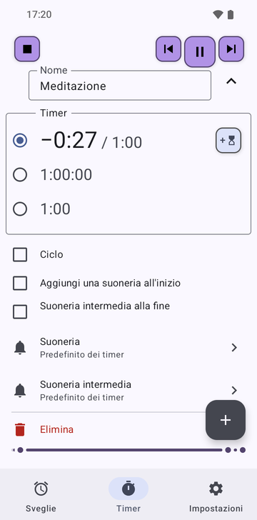 La sequenza Meditazione aperta nella scheda Timer di Risetime: i suoi tre timer, 1:00 che scende, 1:00:00 e 1:00, con Ciclo, Aggiungi una suoneria all’inizio e Suoneria intermedia alla fine tutti spenti, e le righe Suoneria e Suoneria intermedia su Predefinito dei timer.