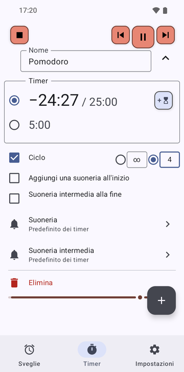 La sequenza Pomodoro aperta nella scheda Timer di Risetime mentre gira: i suoi due timer, 25:00 che scende e 5:00, Ciclo attivo su 4 giri (l’altra scelta è illimitato), Aggiungi una suoneria all’inizio e Suoneria intermedia alla fine spenti, e le righe Suoneria e Suoneria intermedia su Predefinito dei timer.