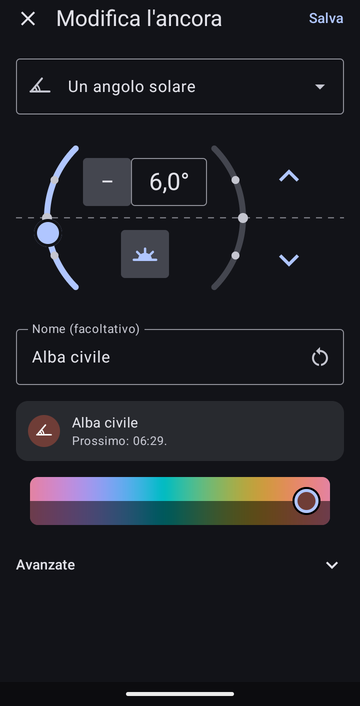 L’editor di ancora su Un angolo solare, impostato a −6,0° al mattino, chiamato Alba civile, con l’anteprima: Prossimo: 06:29.